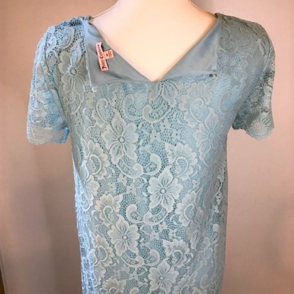 JUICY COUTURE Women Floral Shift Dress Baby Blue Lace M Short Sleeve Lined Y2K - Picture 5 of 9